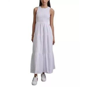 DKNY Cotton Gauze Smocked-Bodice white Maxi Dress size L sleevesless 100% cotton